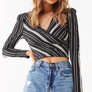 NWOT IRIS black striped long sleeve wrap front crop top small new without tags